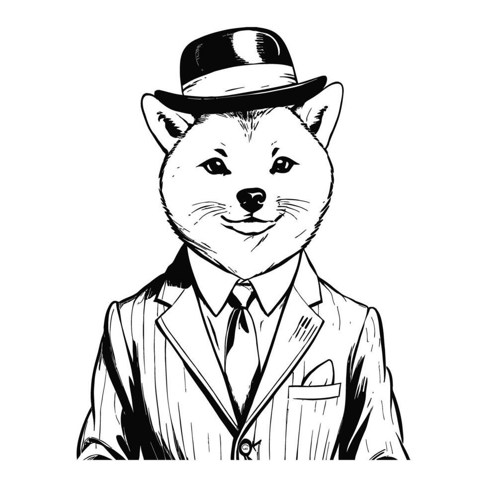 Anthro Humanoid Shiba Inu Dog Wearing Business Suite and Hat Old Retro Vintage Engraved Ink Sketch Hand Drawn Line Art vector