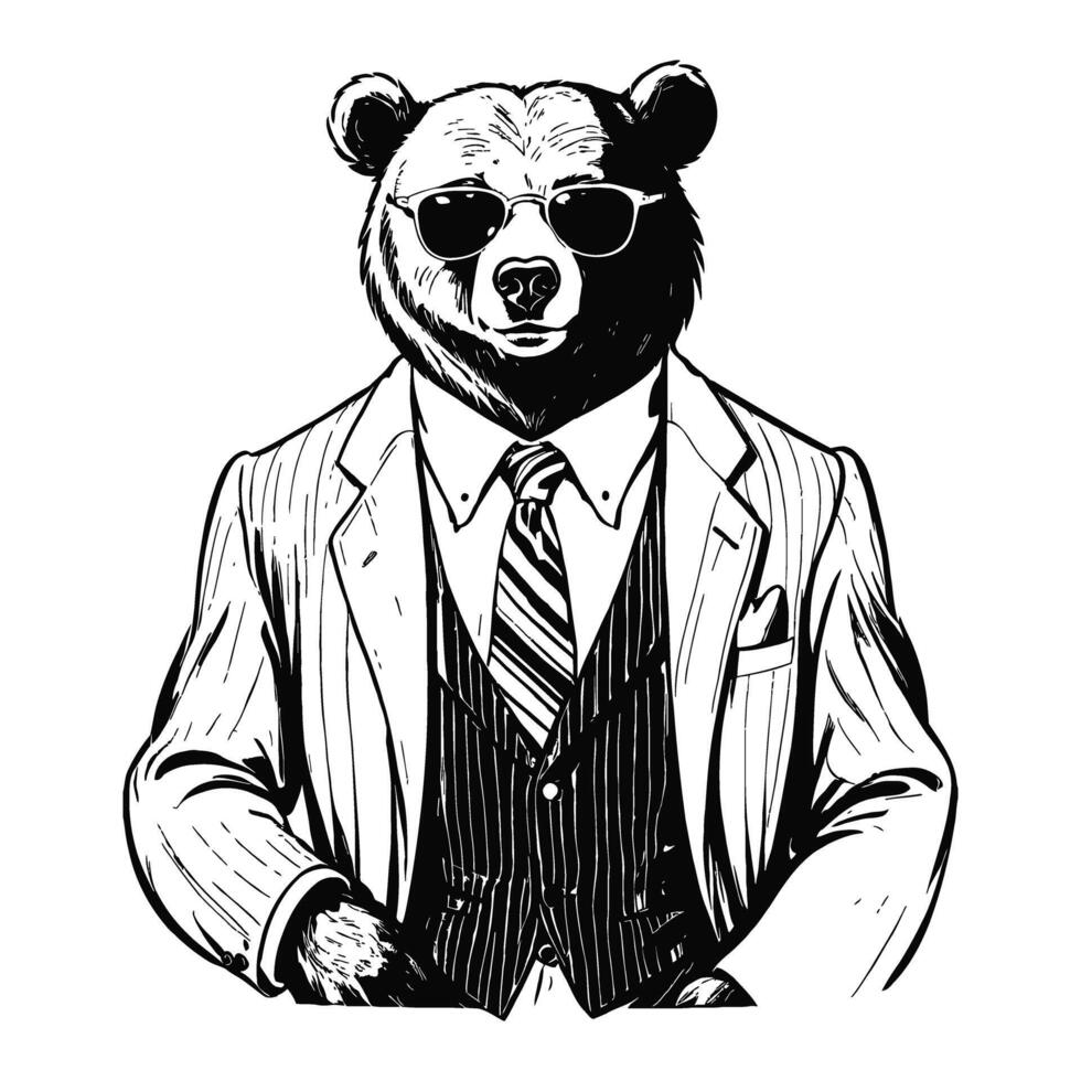 Anthro Humanoid Bear Wearing Business Suite and Glasses Old Retro Vintage Engraved Ink Sketch Hand Drawn Line Art vector