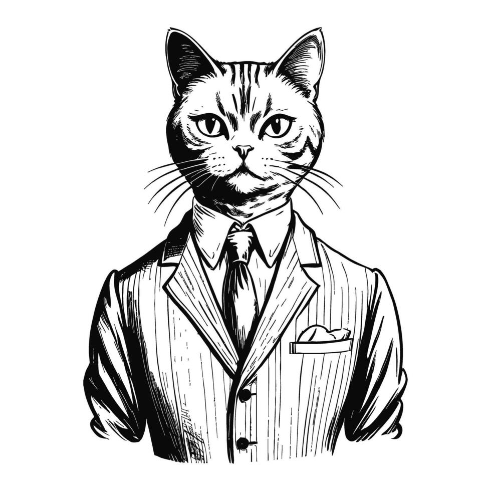 antro humanoide británico cabello corto gato vistiendo negocio suite antiguo retro Clásico grabado tinta bosquejo mano dibujado línea Arte vector