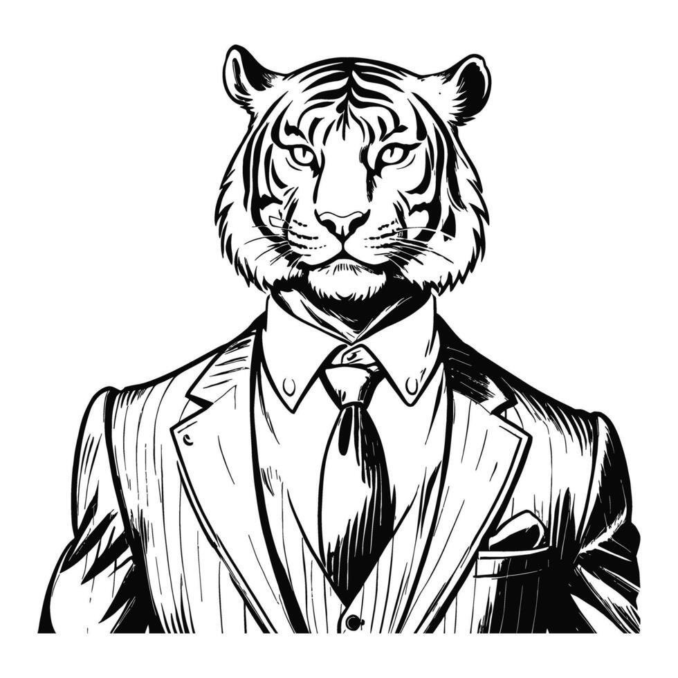 Anthro Humanoid Tiger Wearing Business Suite Retro Vintage Engraved Ink Sketch Hand Drawn Line Art vector