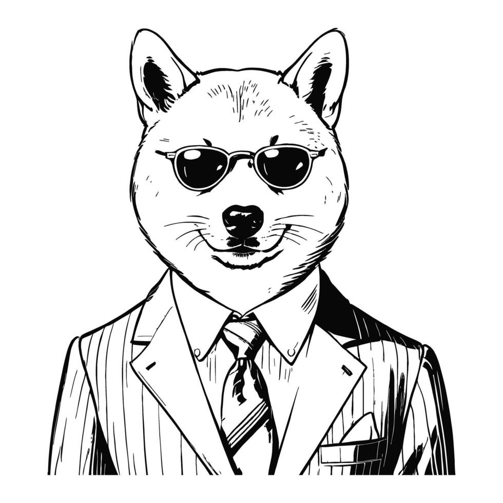 Anthro Humanoid Shiba Inu Dog Wearing Business Suite and Sunglasses Old Retro Vintage Engraved Ink Sketch Hand Drawn Line Art vector