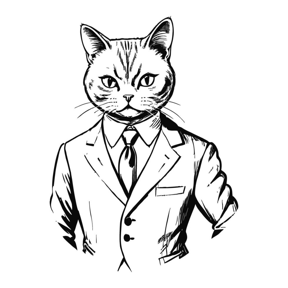 Anthro Humanoid British Shorthair Cat Wearing Business Suite Old Retro Vintage Engraved Ink Sketch Hand Drawn Line Art vector
