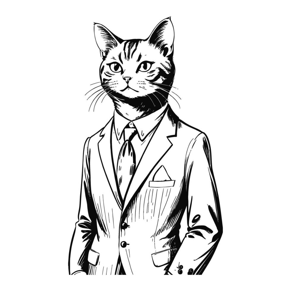 Anthro Humanoid British Shorthair Cat Wearing Business Suite Old Retro Vintage Engraved Ink Sketch Hand Drawn Line Art vector