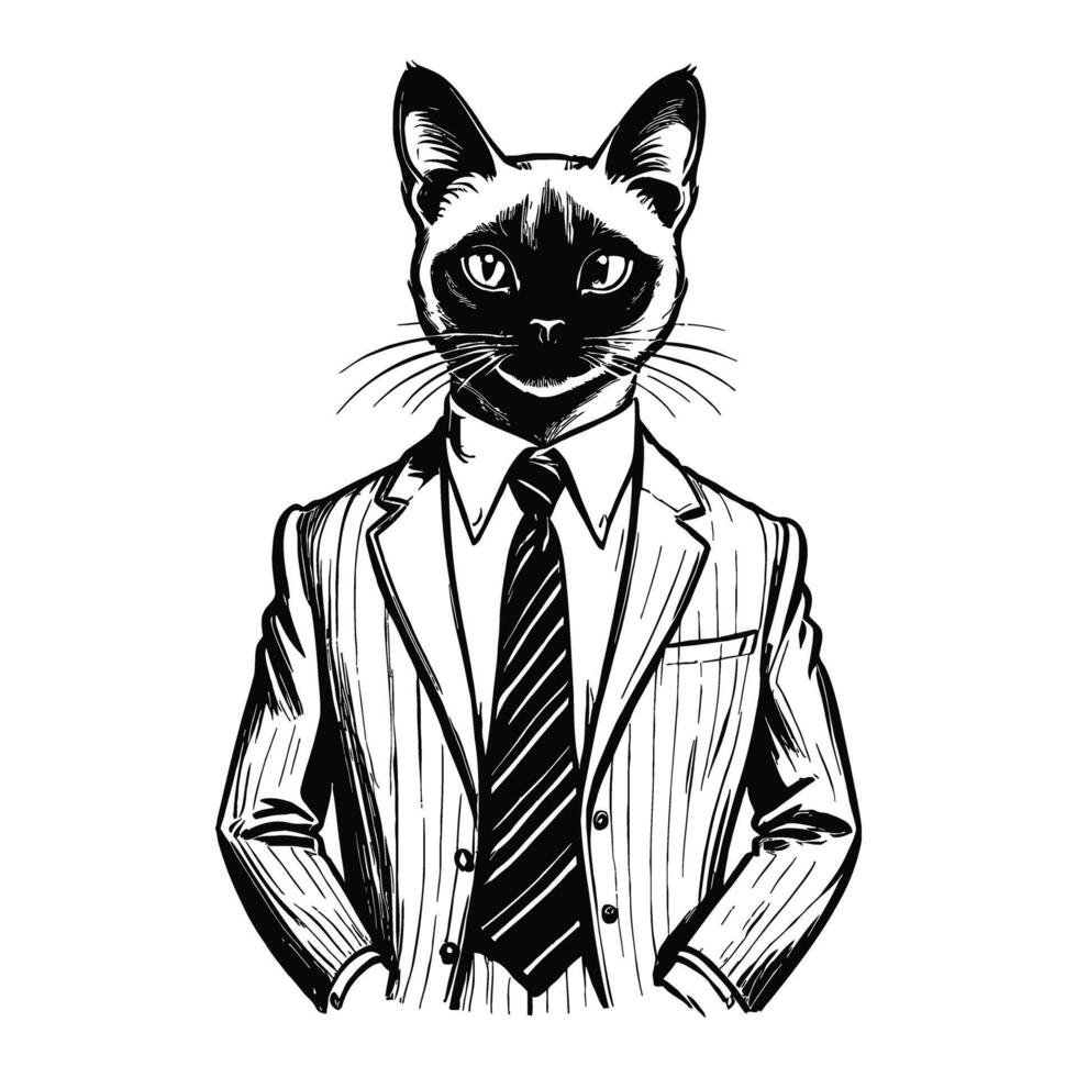 Anthro Humanoid Siamese Cat Wearing Business Suite Old Retro Vintage Engraved Ink Sketch Hand Drawn Line Art vector