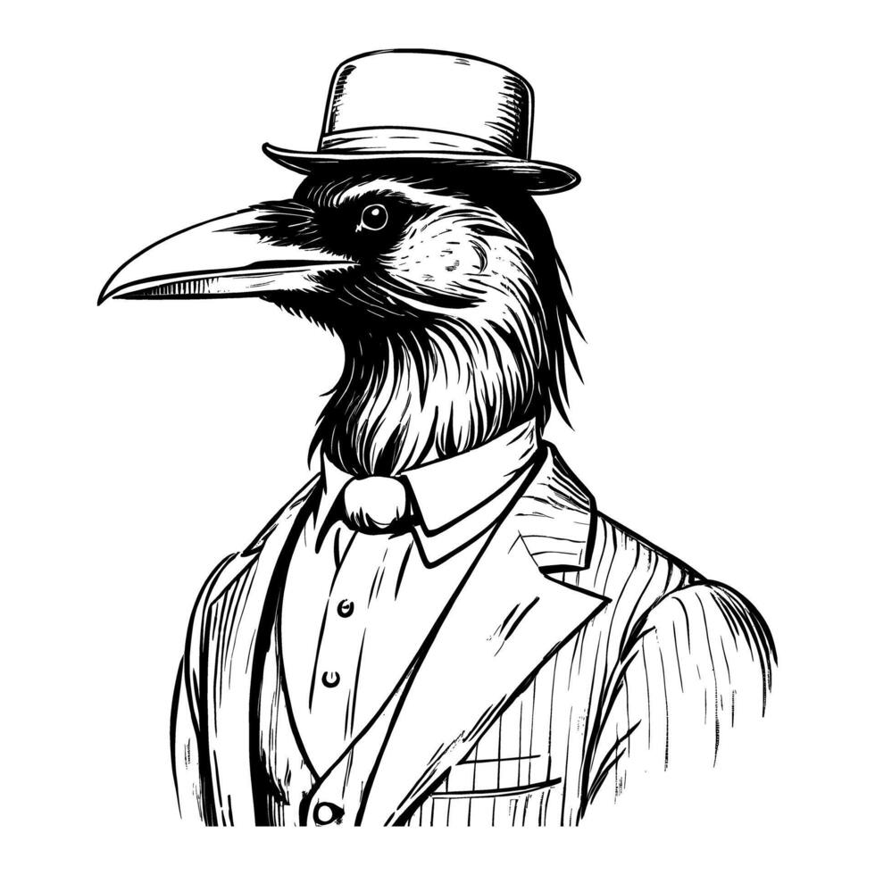 cuervo vistiendo negocio suite y sombrero antiguo retro Clásico grabado tinta bosquejo mano dibujado línea Arte vector