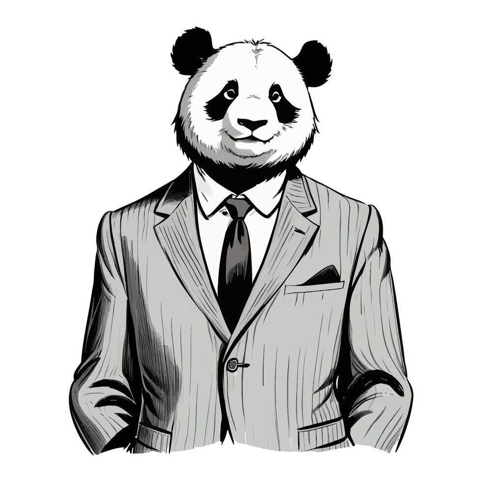 Panda Wearing Business Suite Old Retro Vintage Engraved Ink Colored Sketch Hand Drawn Line Art vector