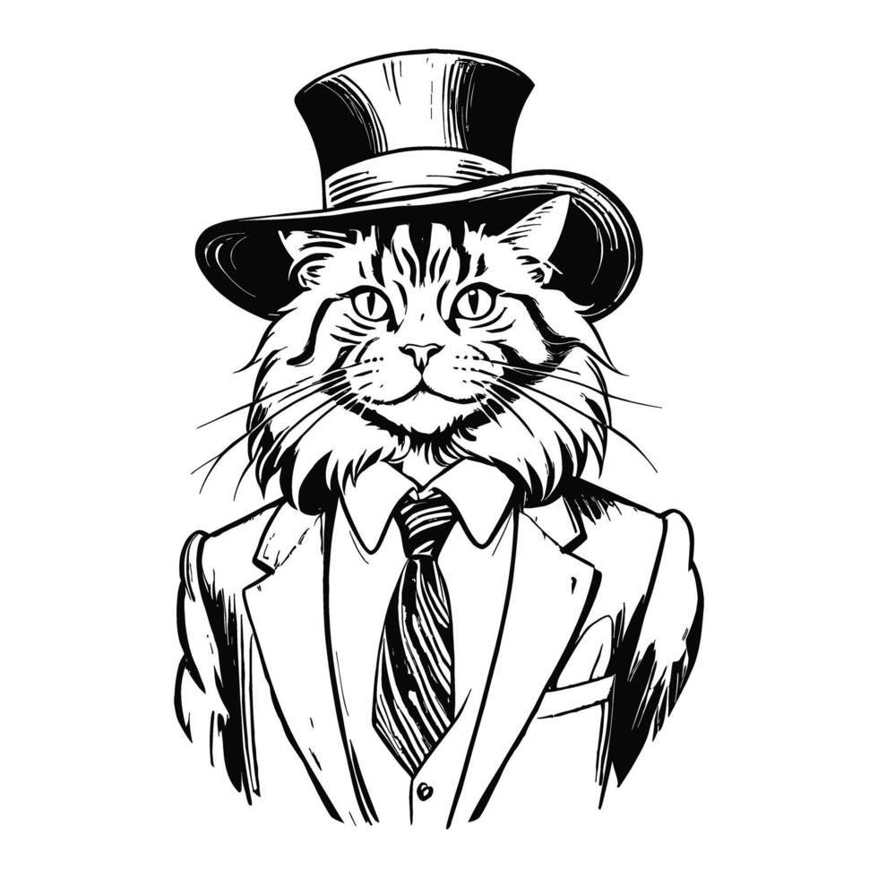 antro humanoide Maine mapache gato vistiendo negocio suite y sombrero antiguo retro Clásico grabado tinta bosquejo mano dibujado línea Arte vector