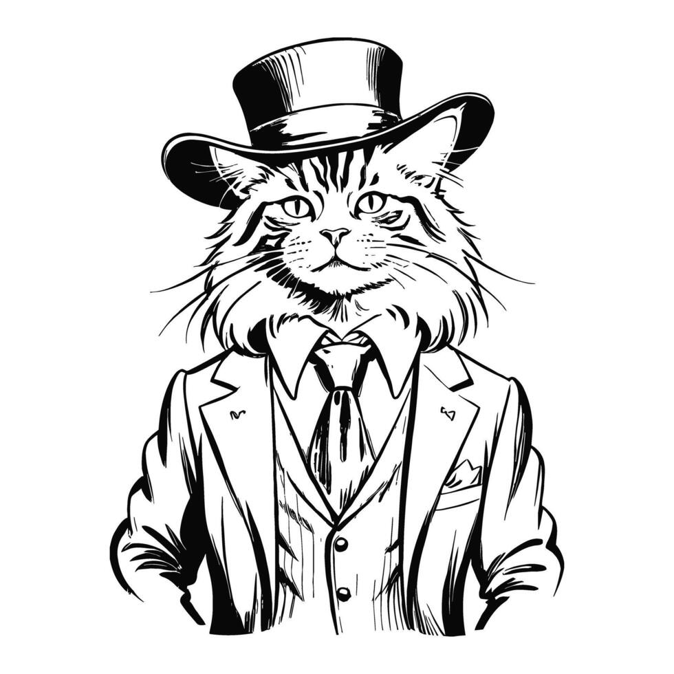 antro humanoide Maine mapache gato vistiendo negocio suite y sombrero antiguo retro Clásico grabado tinta bosquejo mano dibujado línea Arte vector