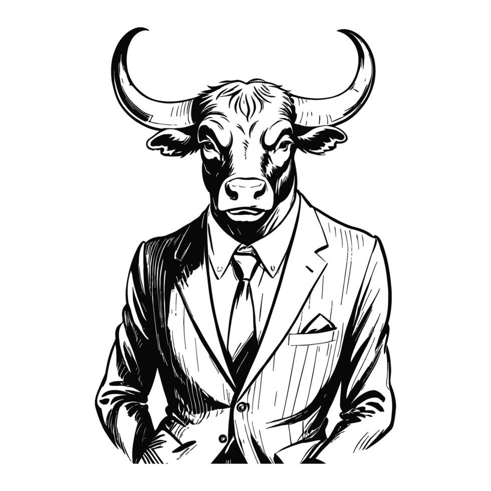 Anthro Humanoid Bull Wearing Business Suite Old Retro Vintage Engraved Ink Sketch Hand Drawn Line Art vector