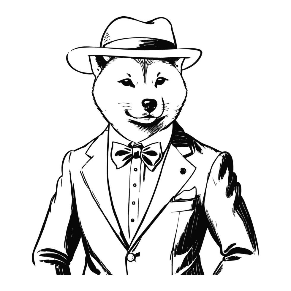 Anthro Humanoid Shiba Inu Dog Wearing Business Suite and Hat Old Retro Vintage Engraved Ink Sketch Hand Drawn Line Art vector