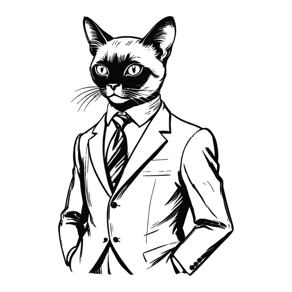 Anthro Humanoid Siamese Cat Wearing Business Suite Old Retro Vintage Engraved Ink Sketch Hand Drawn Line Art vector