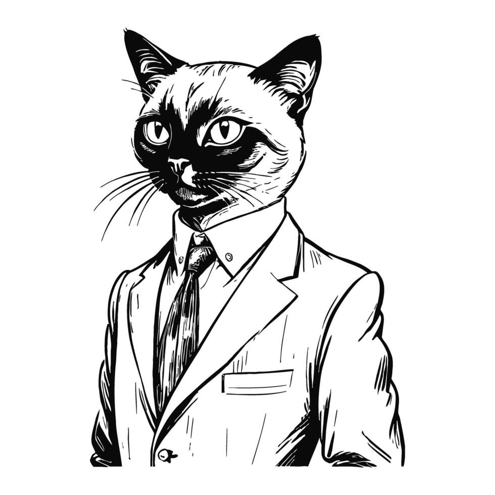 Anthro Humanoid Siamese Cat Wearing Business Suite Old Retro Vintage Engraved Ink Sketch Hand Drawn Line Art vector