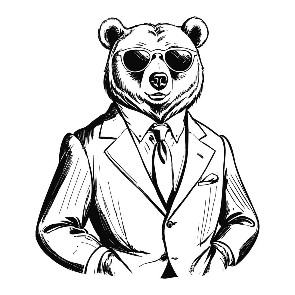 Anthro Humanoid Bear Wearing Business Suite and Glasses Old Retro Vintage Engraved Ink Sketch Hand Drawn Line Art vector