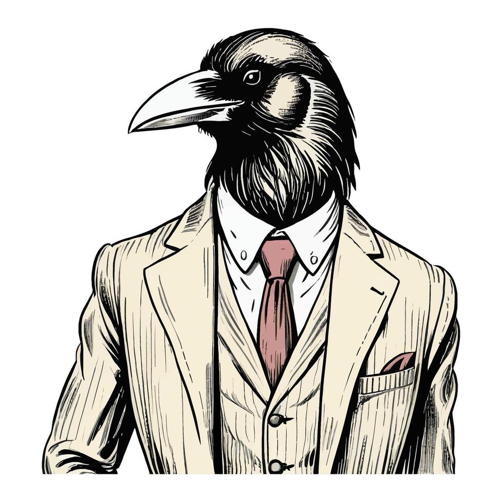negro cuervo pájaro vistiendo negocio suite antiguo retro Clásico grabado tinta de colores bosquejo mano dibujado línea Arte vector