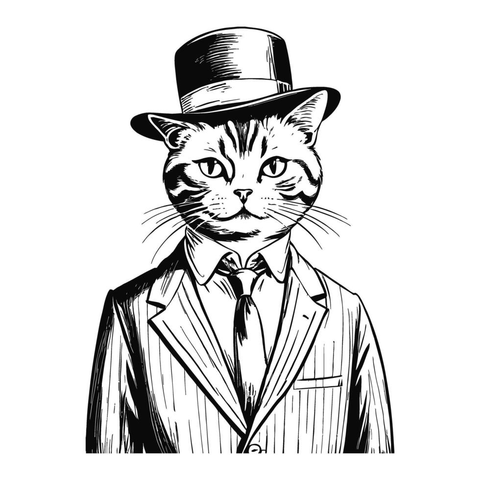 Anthro Humanoid British Shorthair Cat Wearing Business Suite and Hat Old Retro Vintage Engraved Ink Sketch Hand Drawn Line Art vector