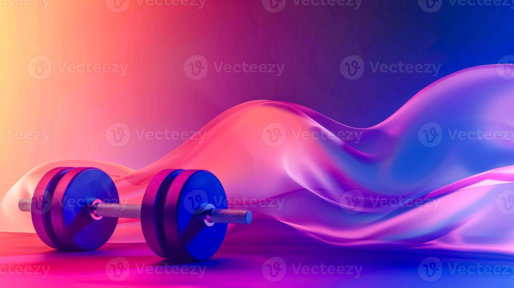 AI Generated Vibrant gym concept with dumbbells and dynamic fabric photo