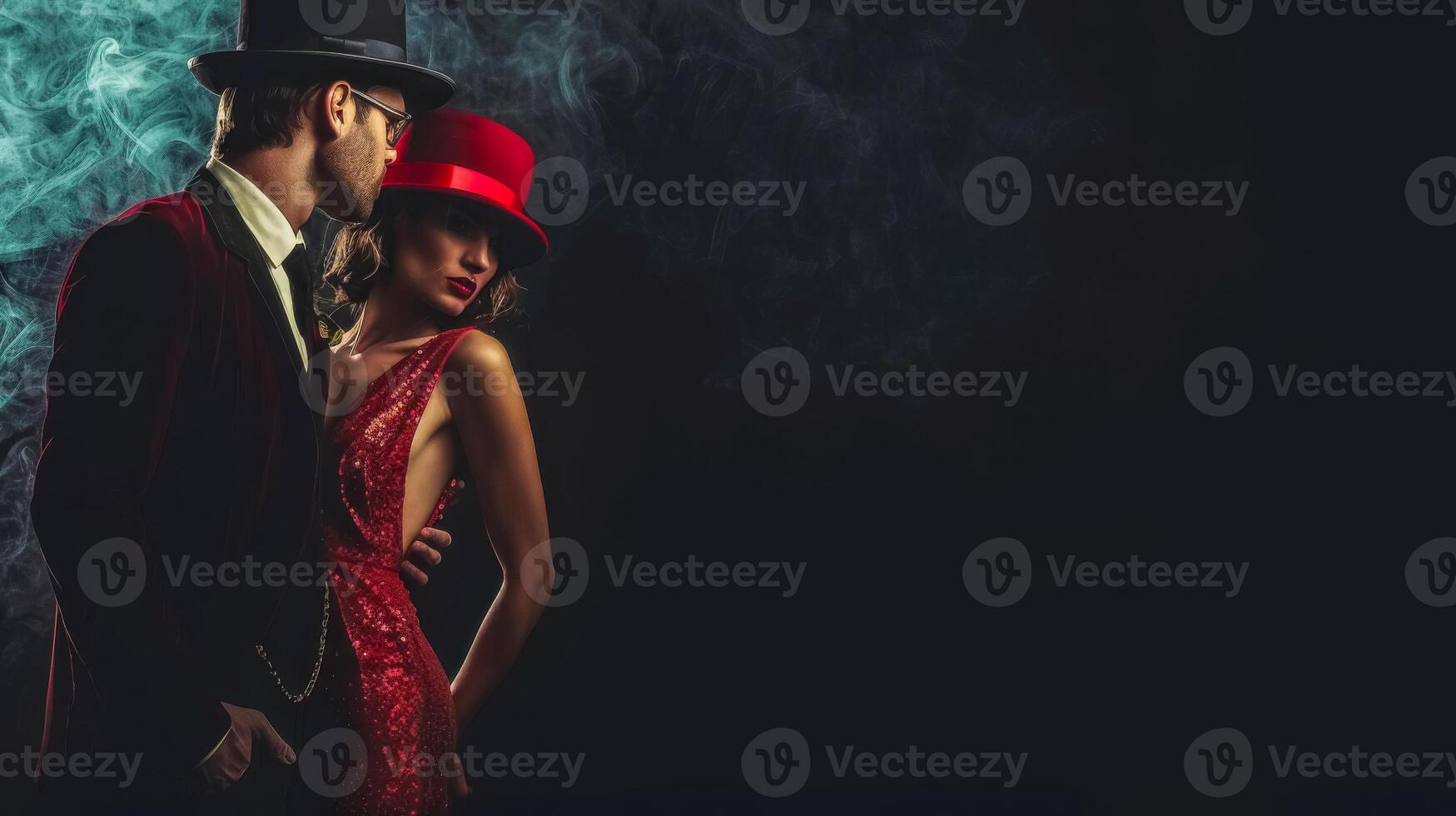 AI Generated Glamorous couple in evening attire with dramatic lighting photo