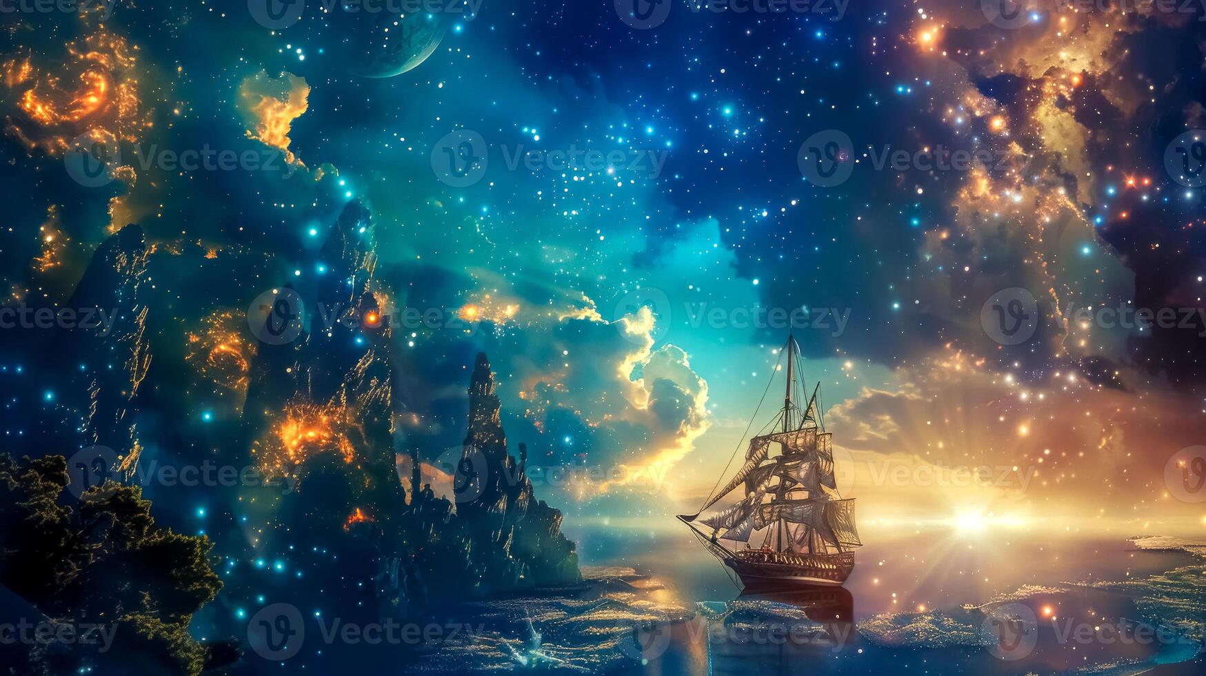 AI Generated Mystical seascape with sailing ship at twilight photo