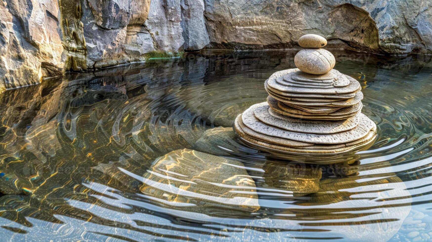 AI Generated Zen stones in water with rippled reflection photo