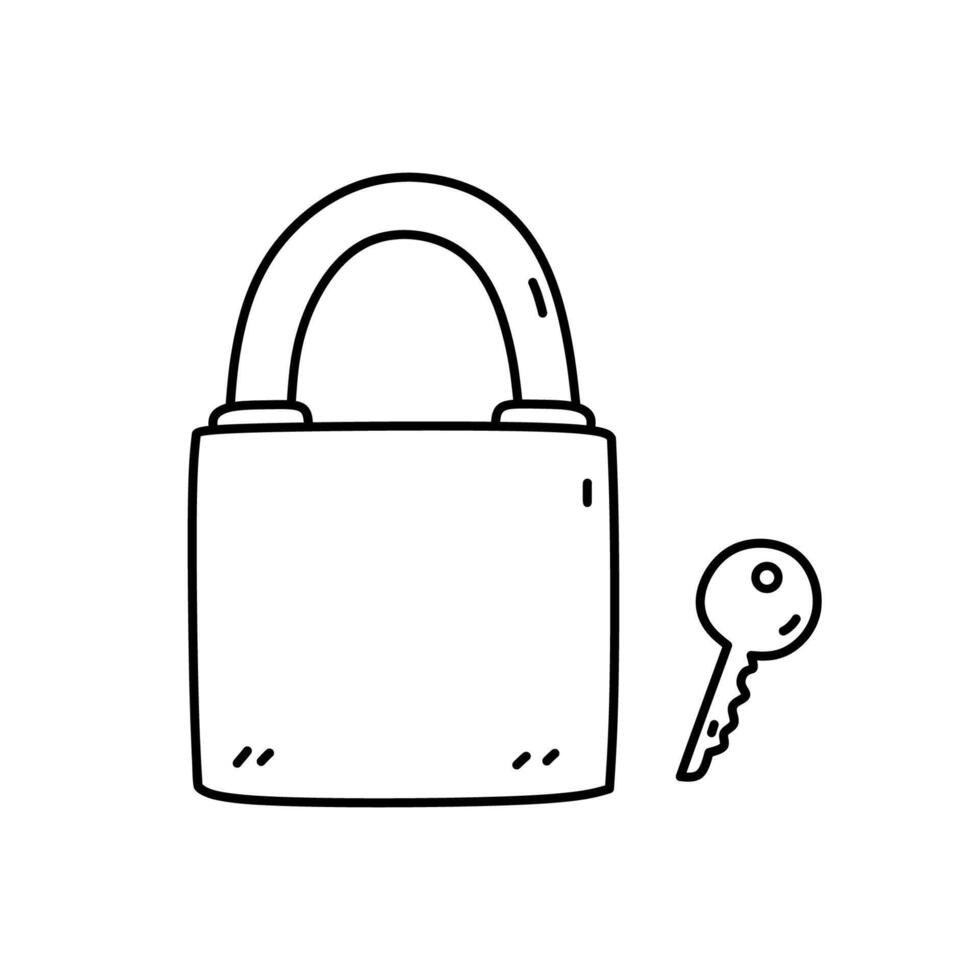 Padlock with key isolated on white background. Vector hand-drawn doodle illustration. Perfect for decorations, logo, various designs.