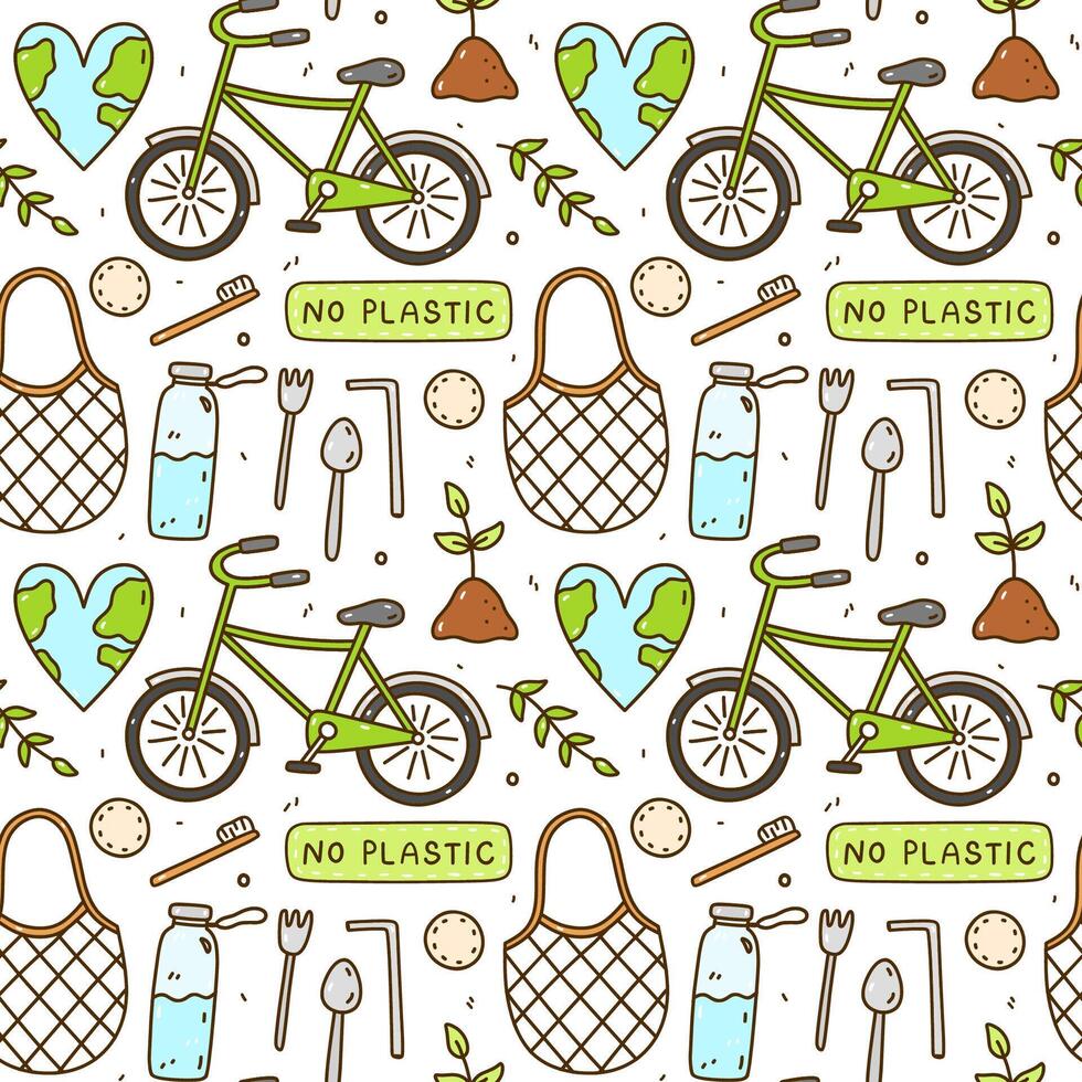 Cute seamless pattern with recycle and reusable products - glass water bottle, mesh bag, cotton pads, bamboo toothbrushes, steel cutlery. Bike and heart-shaped Earth. Zero waste, Go green, No plastic. vector