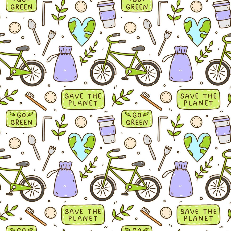 Cute seamless pattern with recycle and reusable products - coffee cup, fabric bags, cotton pads, bamboo toothbrushes, steel cutlery. Bike and heart-shaped Earth. Zero waste, Save the Planet, Go green vector