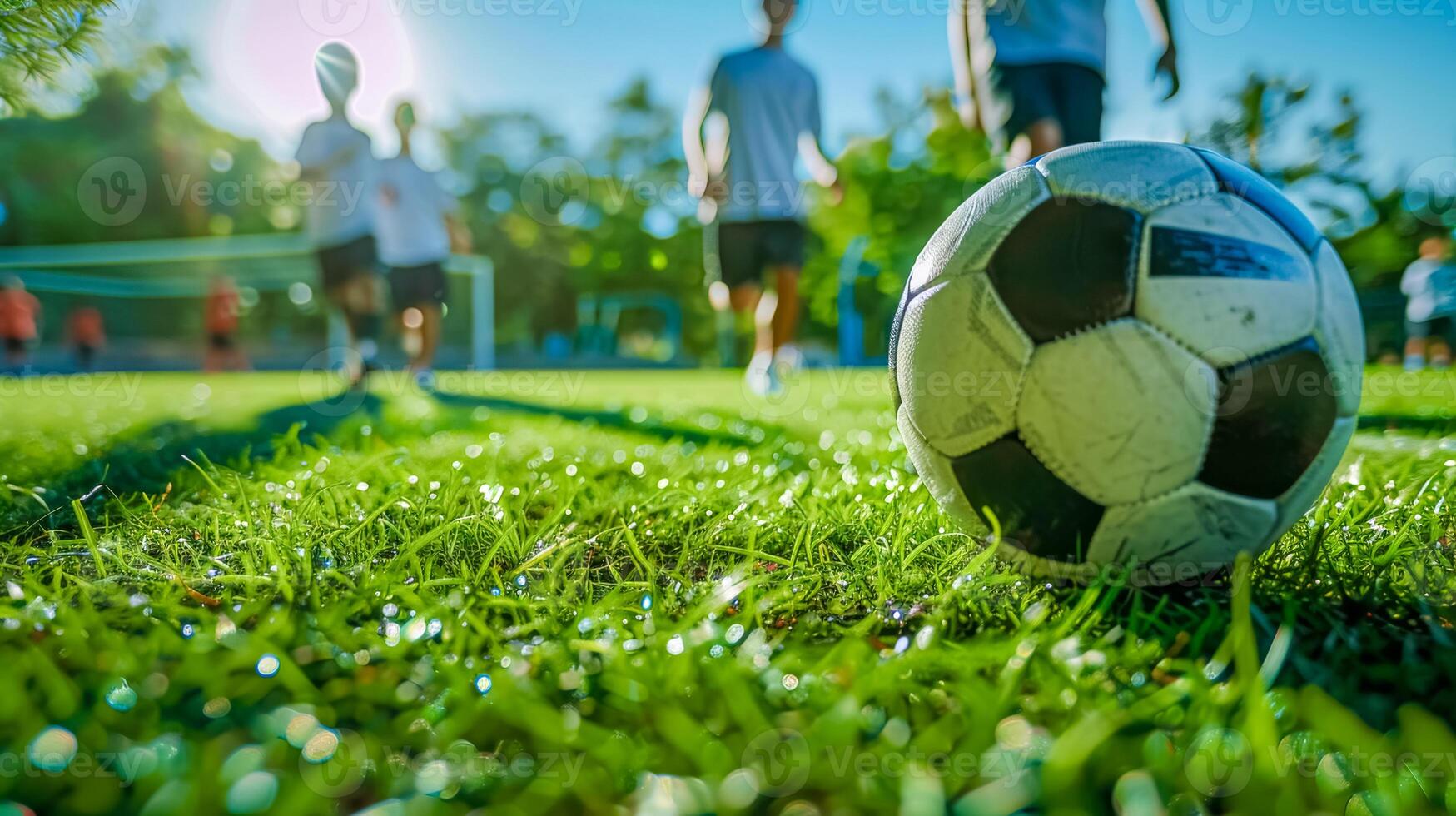 AI Generated Morning soccer game in sunlit park photo