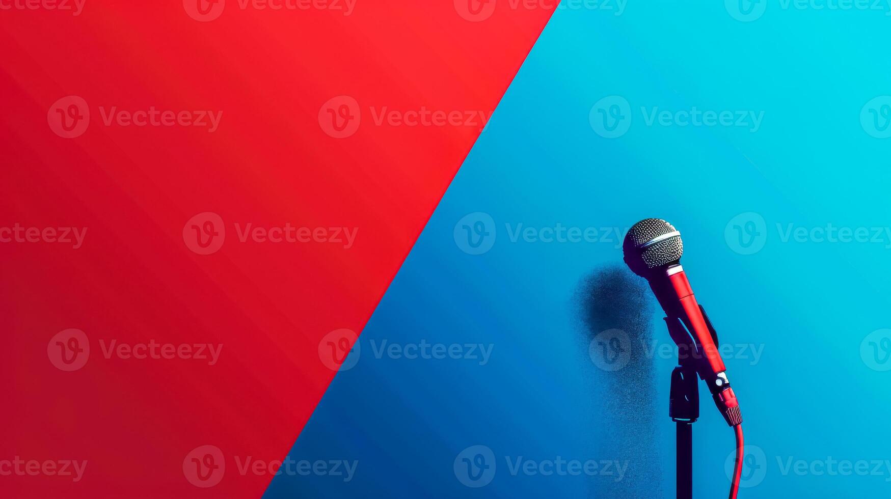 AI Generated Dynamic microphone on blue and red background photo