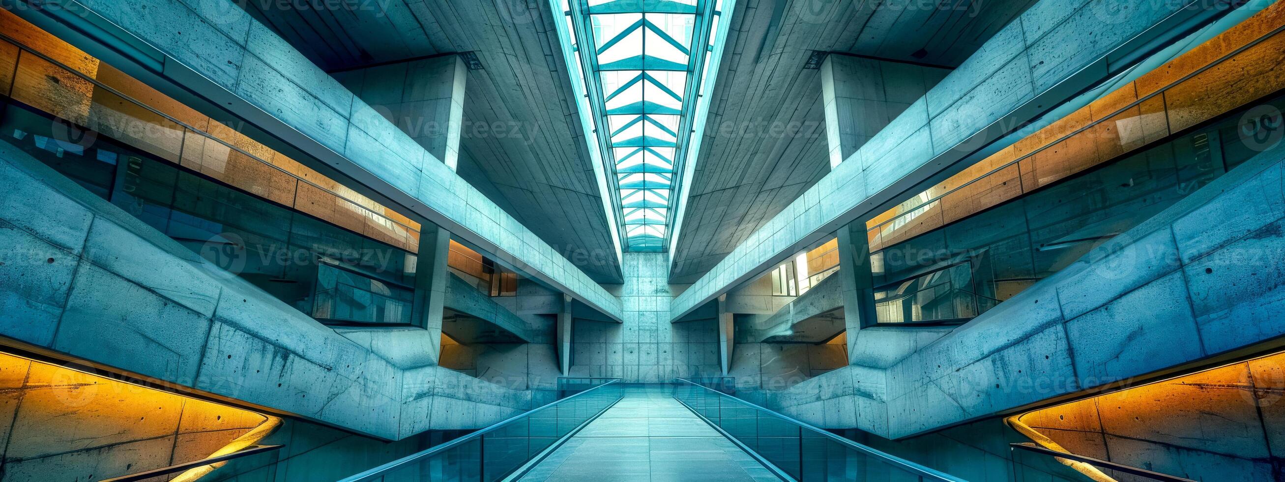 AI Generated Futuristic symmetrical corridor with blue skylights photo