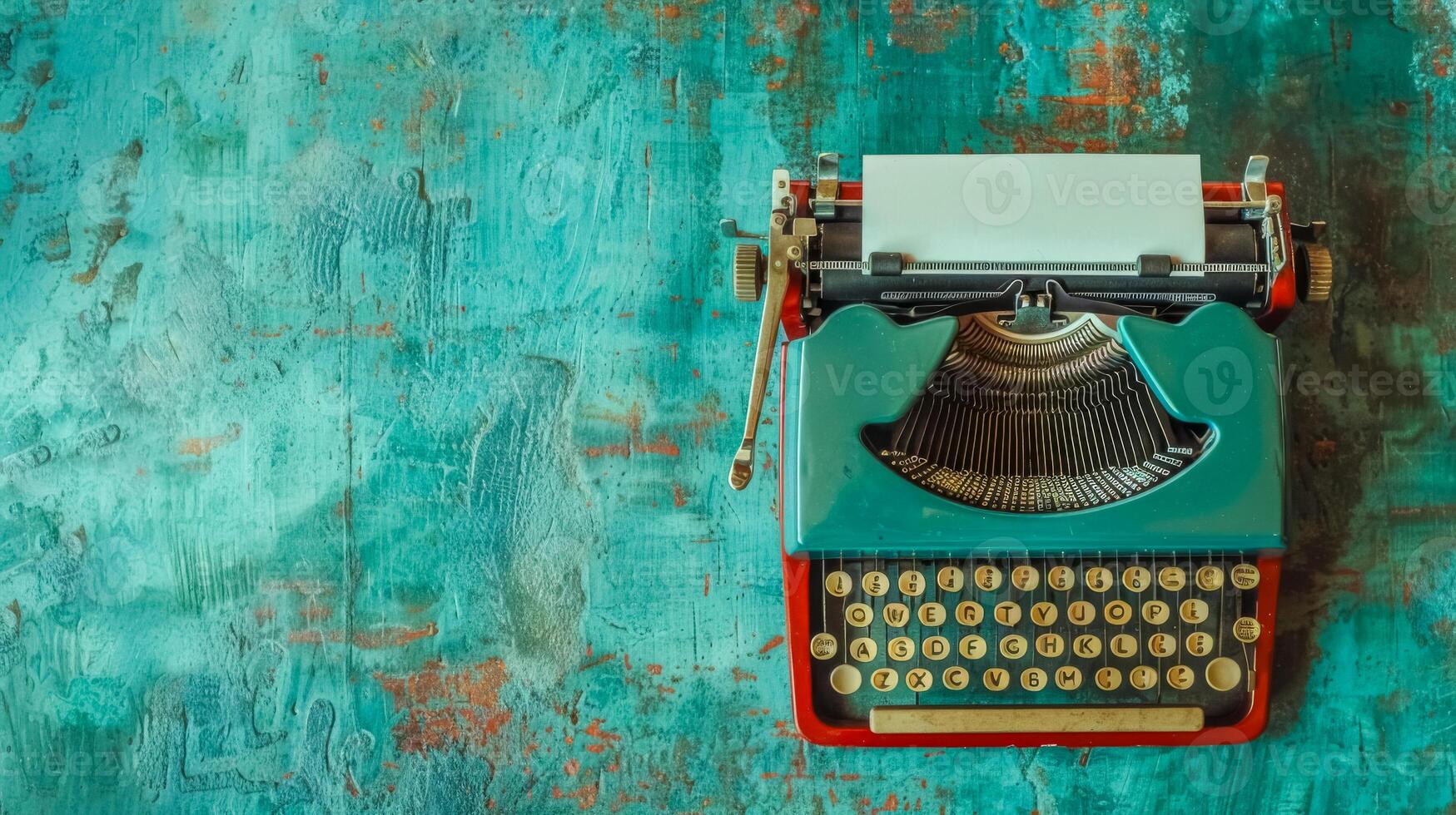 AI Generated Vintage typewriter on rustic turquoise background photo