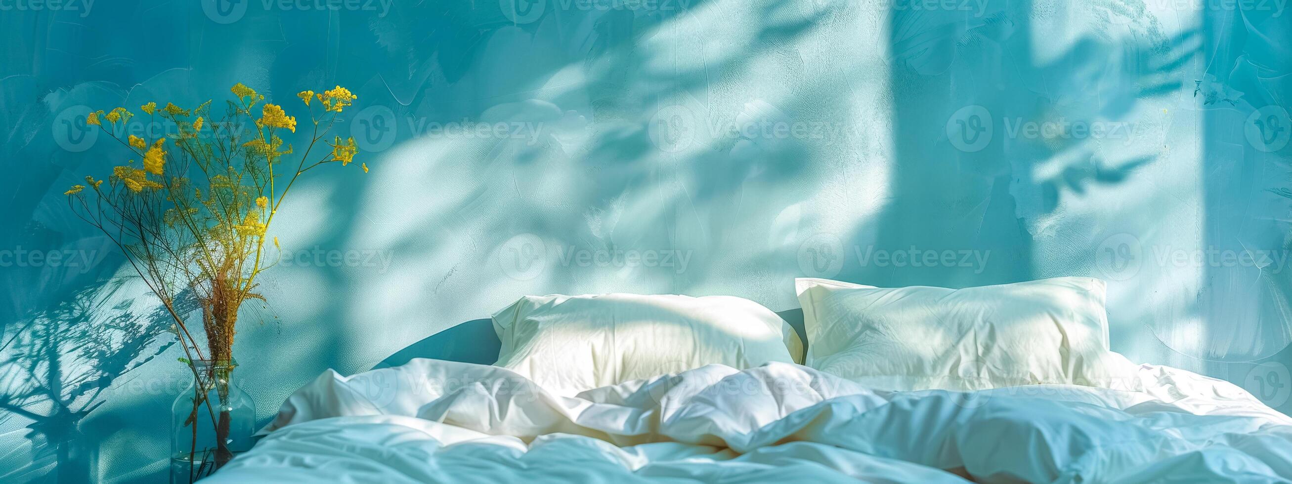 AI Generated Serene bedroom with morning light and fresh flowers photo