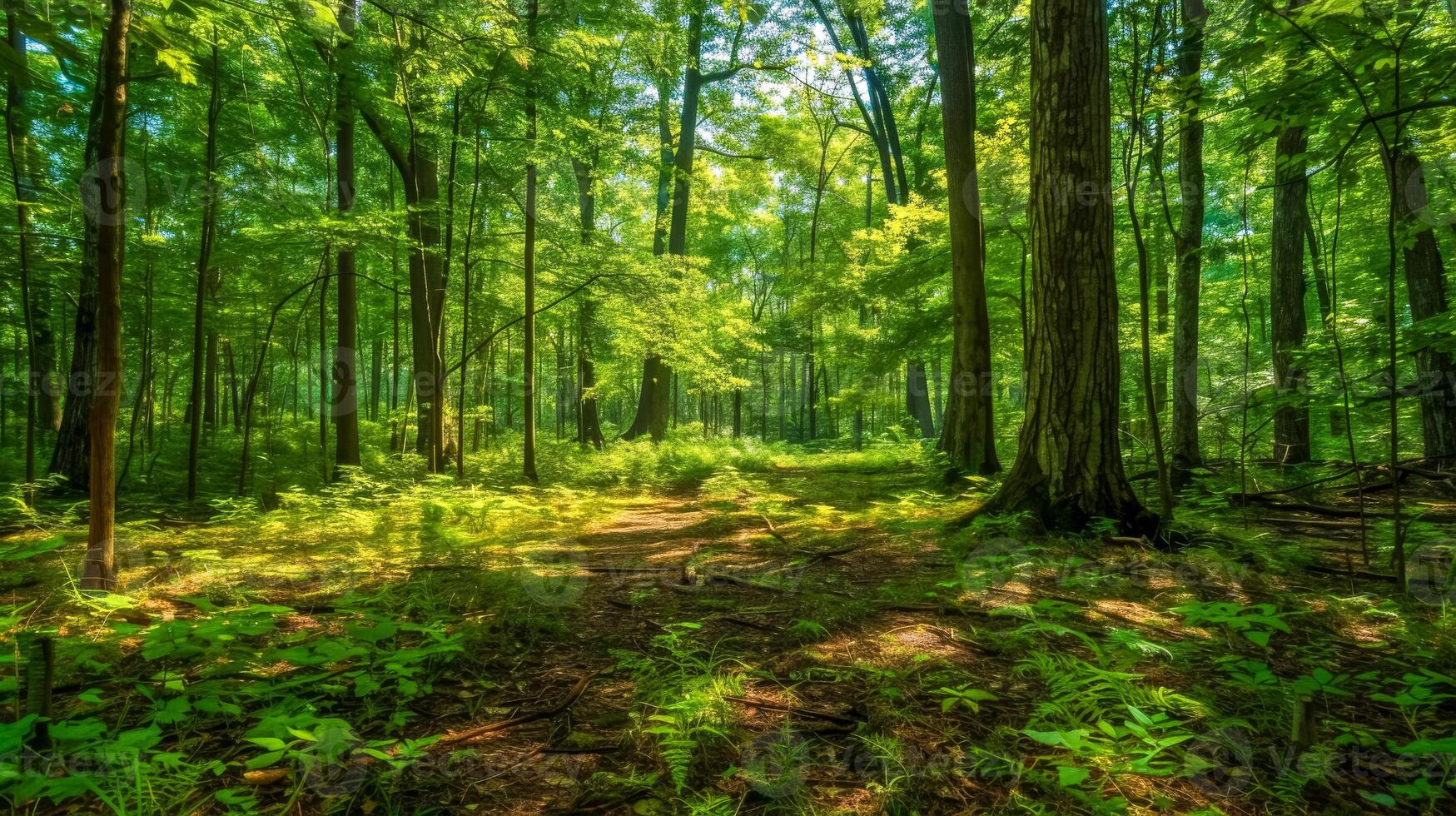 ai generado luz de sol filtración mediante lozano bosque foto