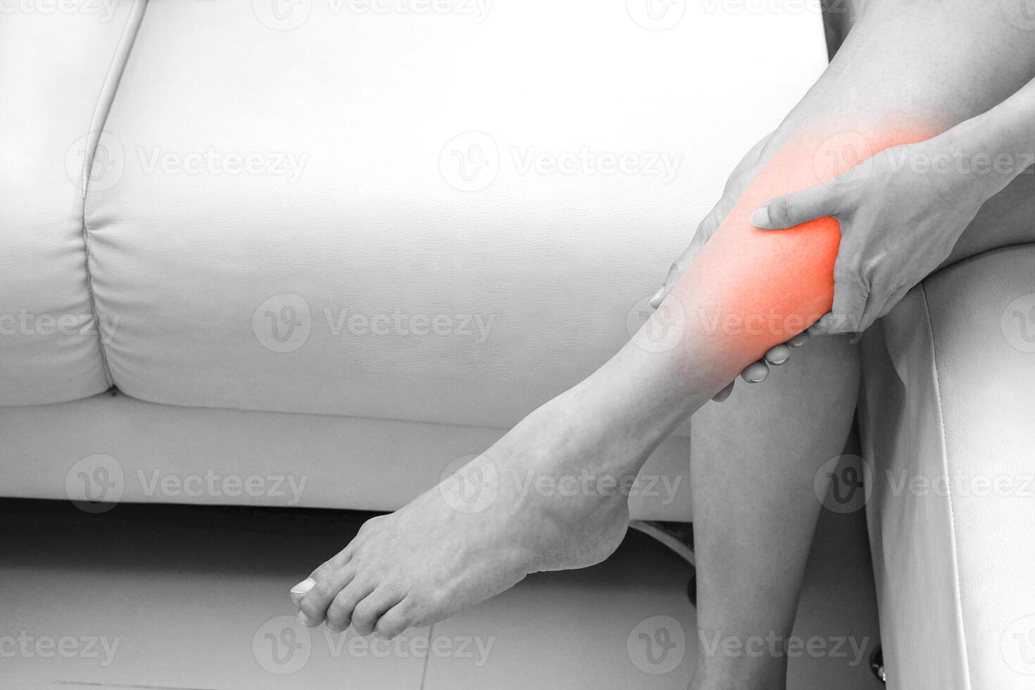 Black and white photo of woman, She shows suffering from leg pain. Medical and health concept.