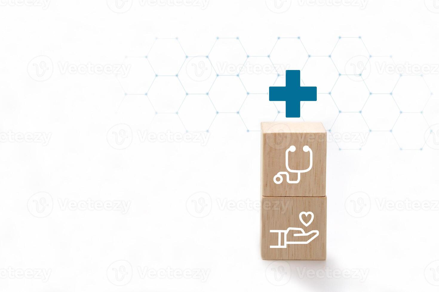 Medical icons on vertical wooden blocks. Health care, health insurance and treatment concept. photo