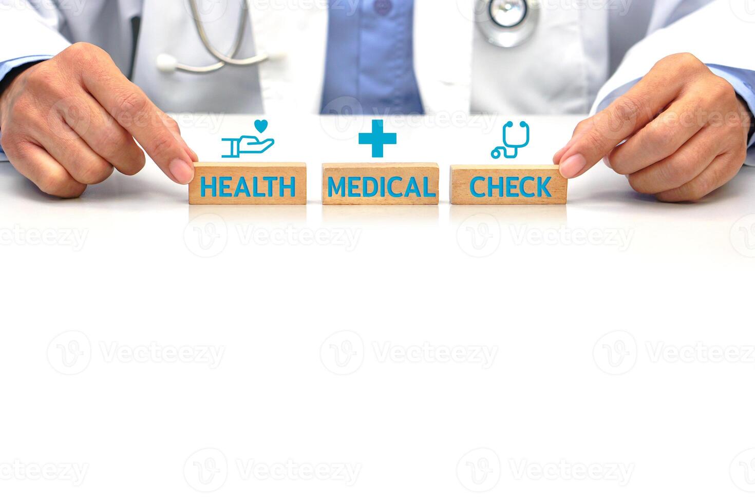 Hand of doctor holding a wooden block with text icon symbol. Medical and health concept. photo