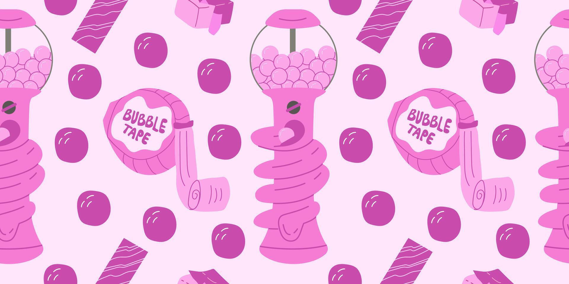 Seamless pattern with pink bubble gum machine bubble tape strawberry fruit gum and chewing candy. Vector cute pink bubblegum background illustration.