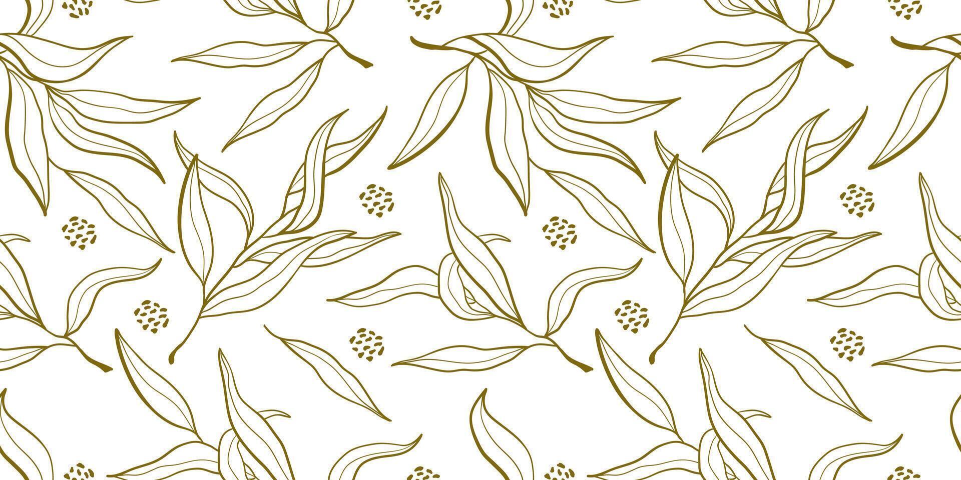 seamless pattern with gold olive branches isolated on white background. Vector abstract leaves illustration.