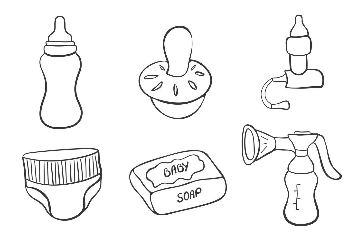 set of icons for kids goods. Feeding bottle, pacifier, aspirator, diaper, soap, breast pump vector doodle design elements.