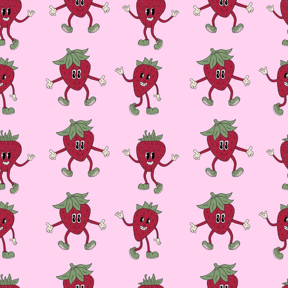 Seamless pattern with groovy fruit strawberry. Vector retro background illustration.