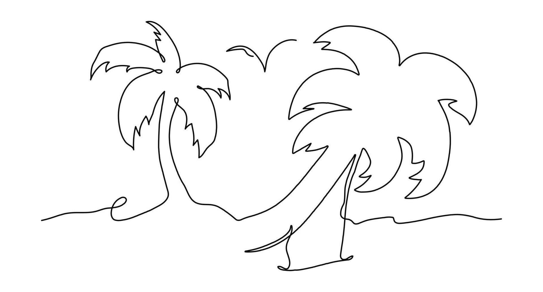 Continuous one line palm tree sketch island art. Vector abstract tropics minimal landscape illustration.