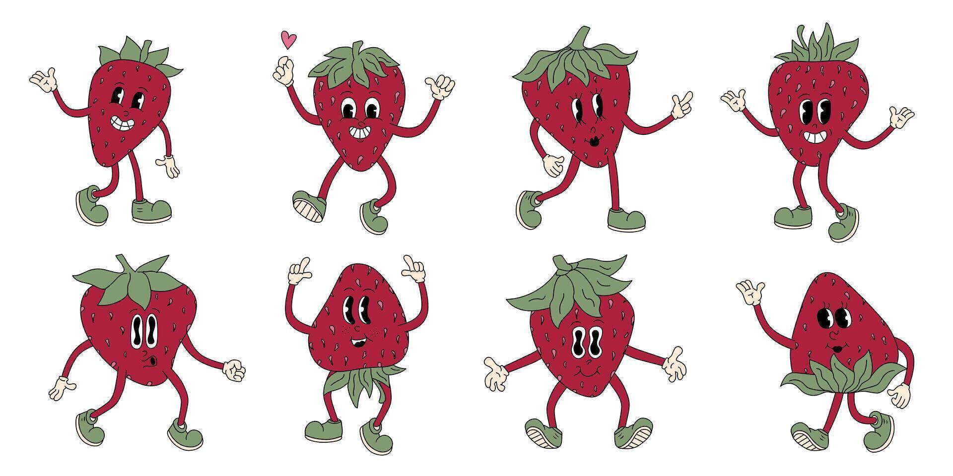 Groovy strawberry retro summer berry fruit set. Vector vintage fun strawberry characters illustration.