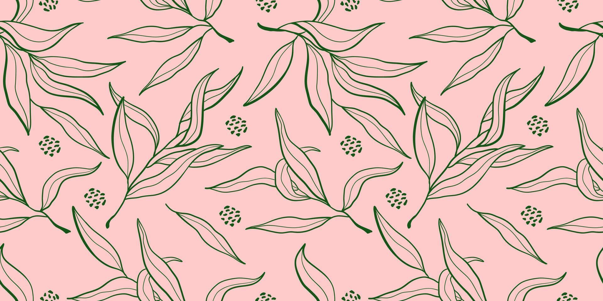 Seamless pattern with doodle green olive branch leaves. Vector hand drawn nature background illustration.