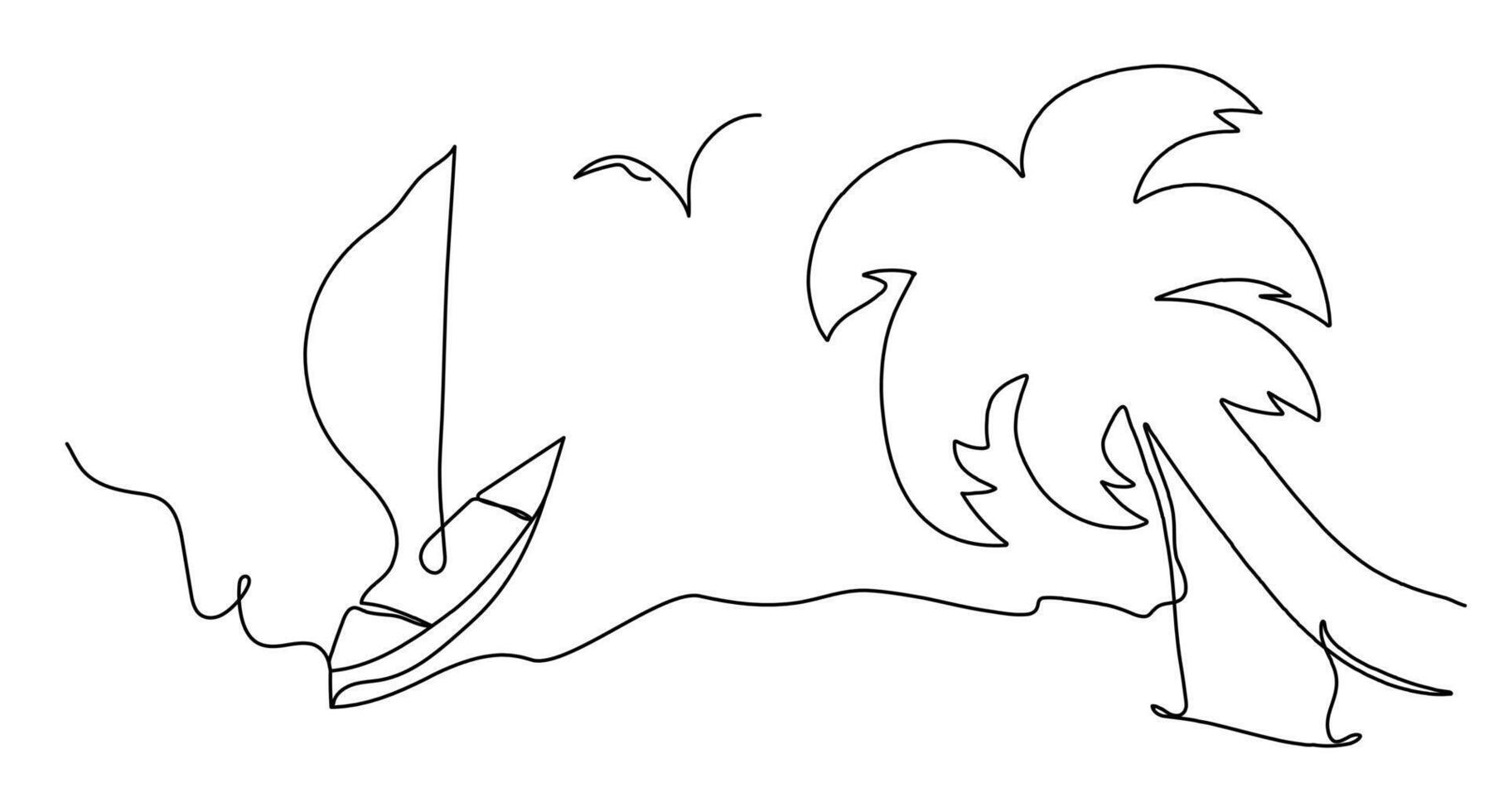 Continuous line boat near the palm tree beach sketch art. Vector abstract contour illustration isolated on white background.
