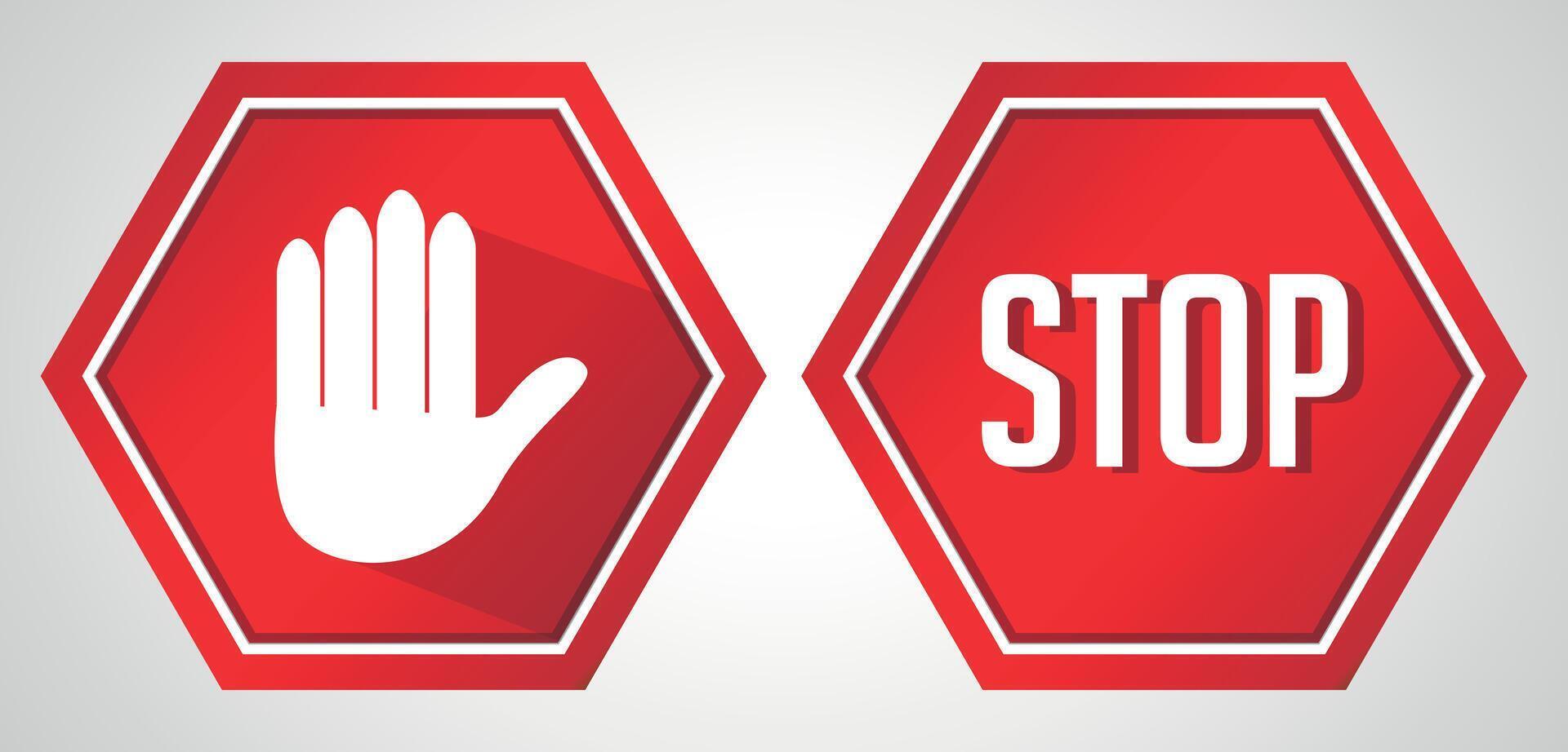 Set stop red sign icon with white hand, do not enter. Warning stop sign stock vector