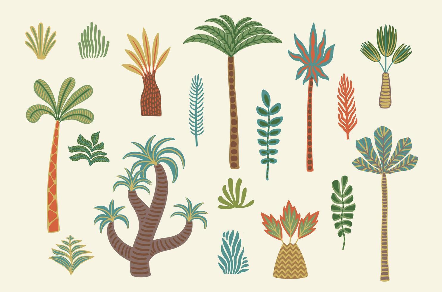 Set of drawn vector palm trees. Modern abstract isolated illustrations. Vector design elements