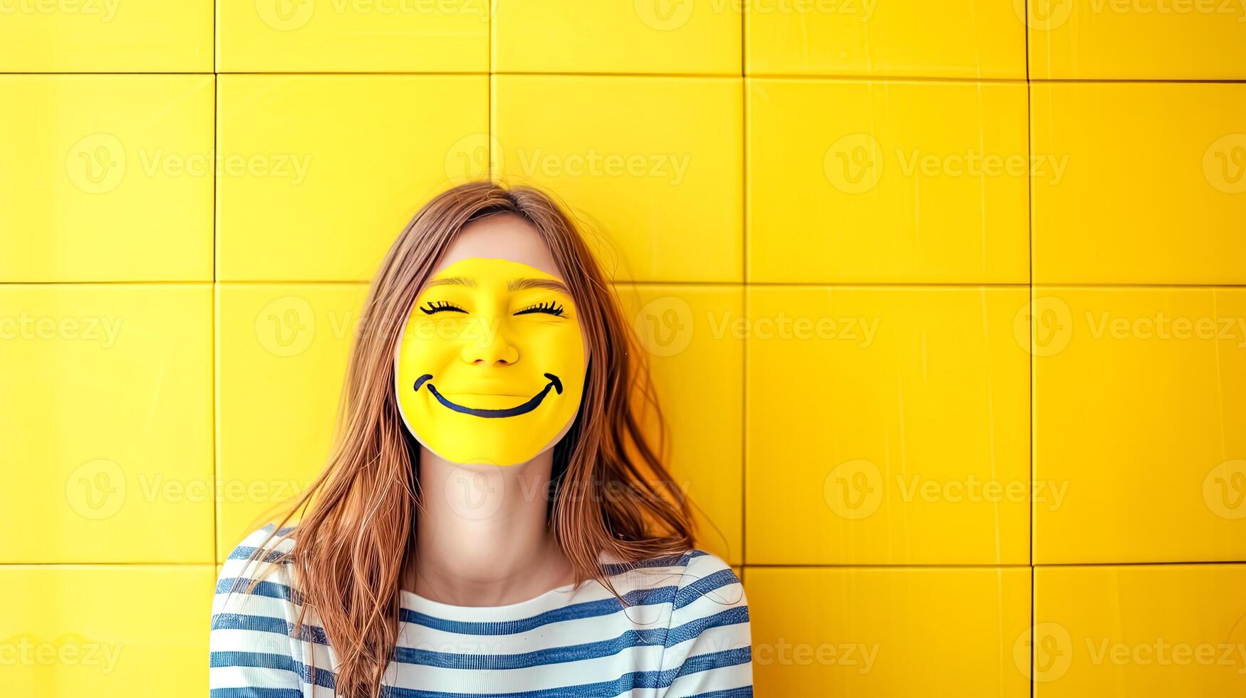 AI Generated A woman is wearing a yellow smiley face mask on her face, copy space photo