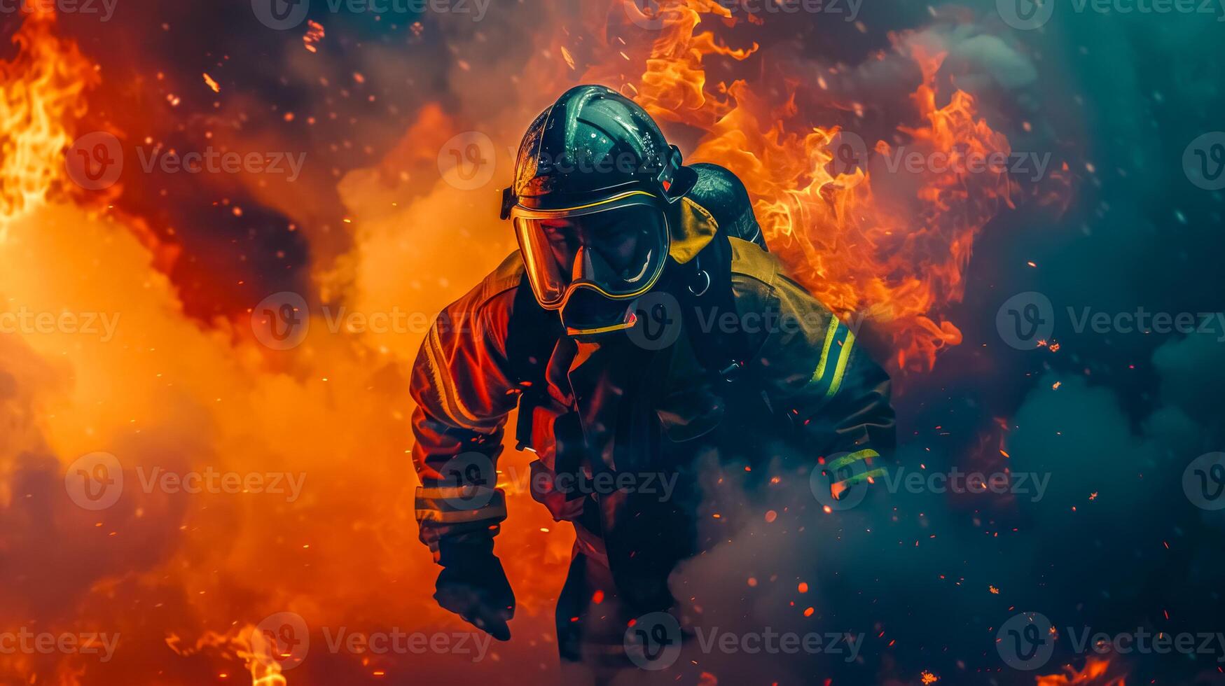 AI Generated Brave firefighter in action amidst intense flames photo