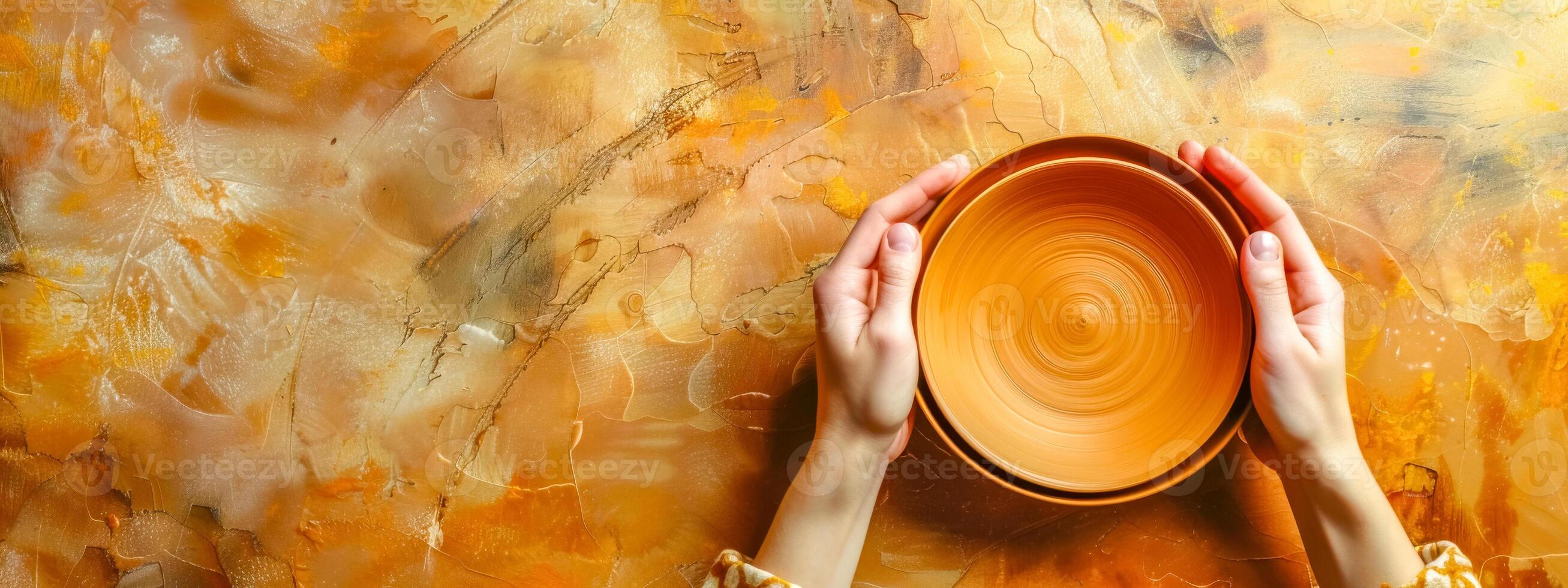 AI Generated Hands holding empty clay bowl on artistic background photo
