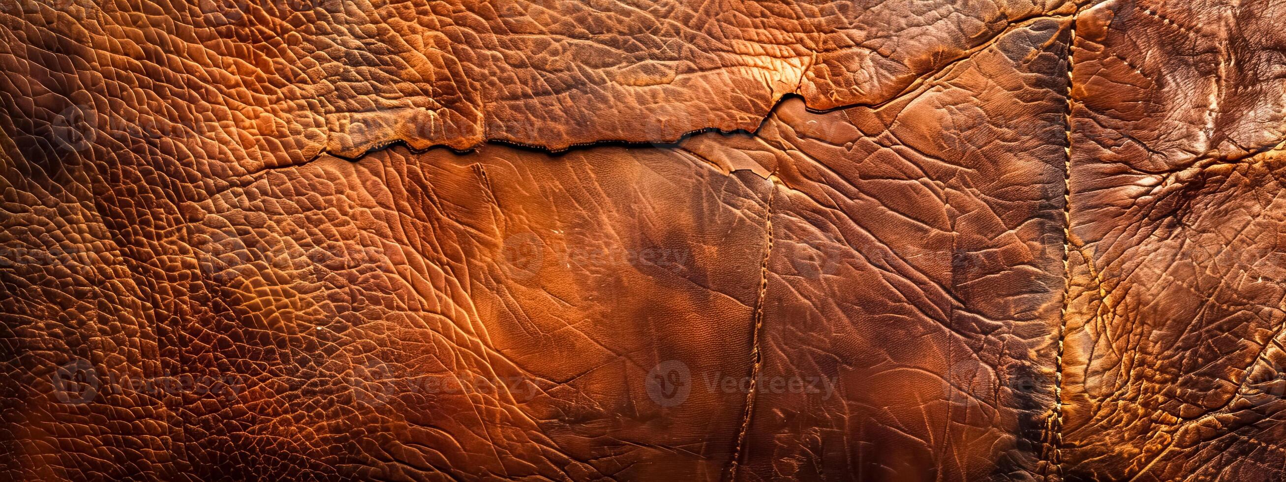 AI Generated Close-up of a textured brown leather surface with natural wrinkles and cracks photo