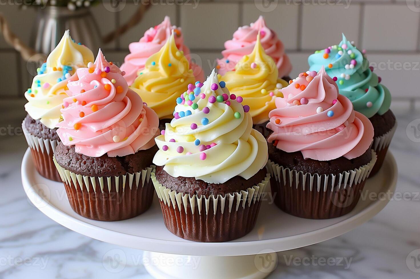 AI generated Easter-themed cupcakes with colorful frosting photo